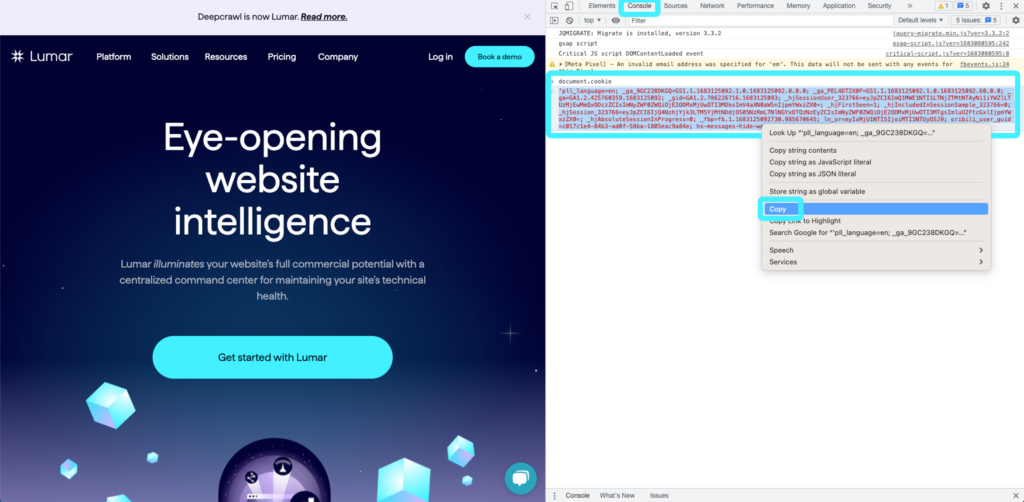 Screenshot of the Lumar website in Chrome with the developer tools opened to the console tab and the resulting code from the document.cookie prompt.