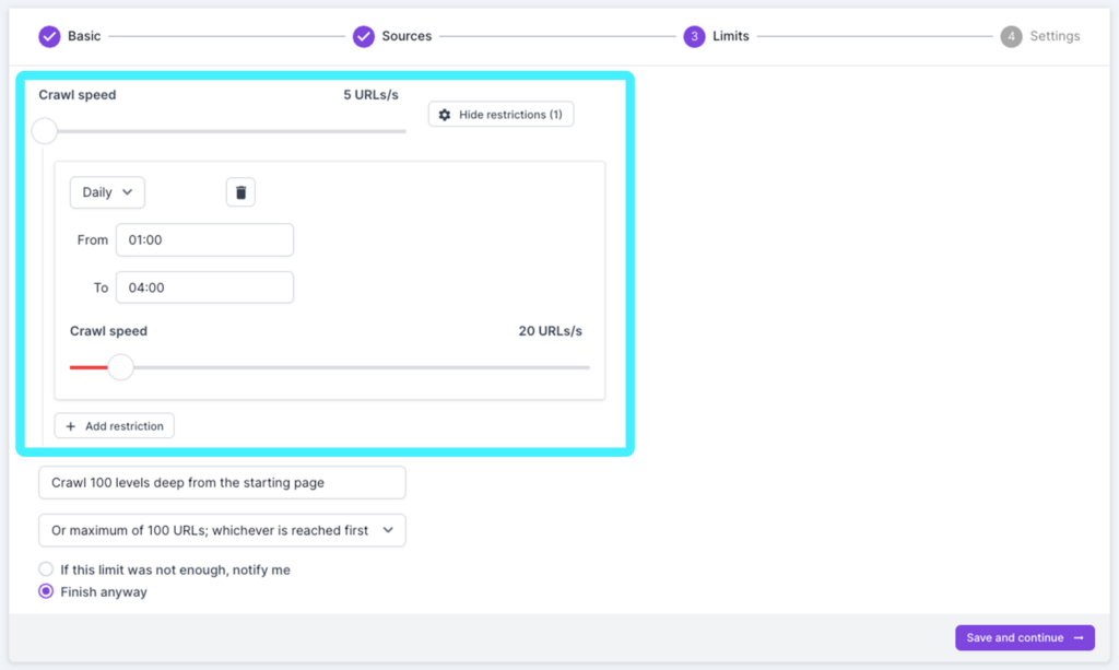 Screenshot of step 3 of the crawl setup process, with the crawl speed options highlighted.