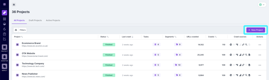 Screenshot of the Lumar Analyze project list view, with the new project button in the top right corner highlighted.