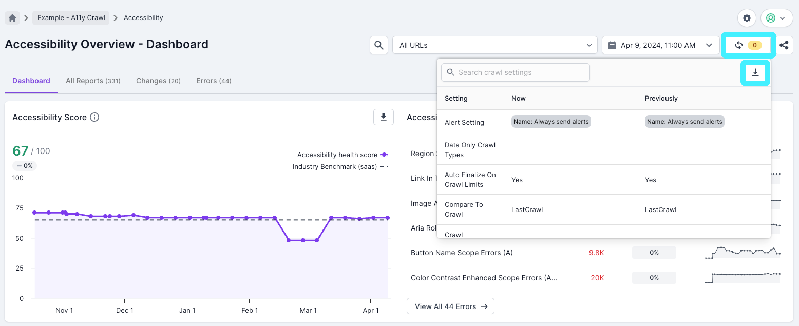 Screenshot of the Accessibility Overview dashboard with the crawl comparison button and option to download highlighted.