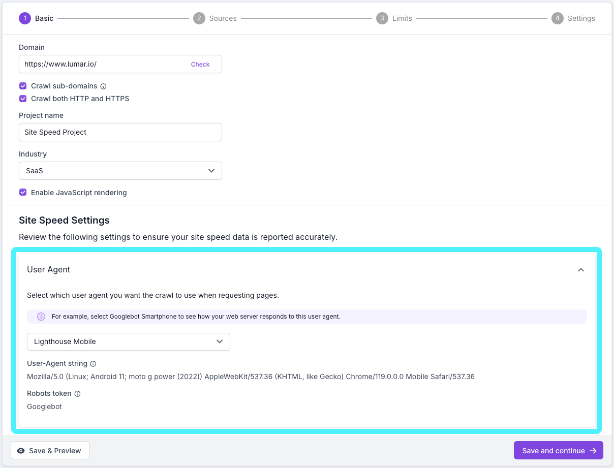 Screenshot of step 1 of the Lumar crawl setup, with the user agent settings highlighted, where users can choose between desktop or mobile user agents.