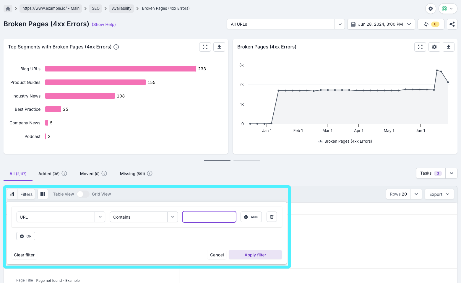 Screenshot of a Example Analyze report with the filtering option opened and highlighted.