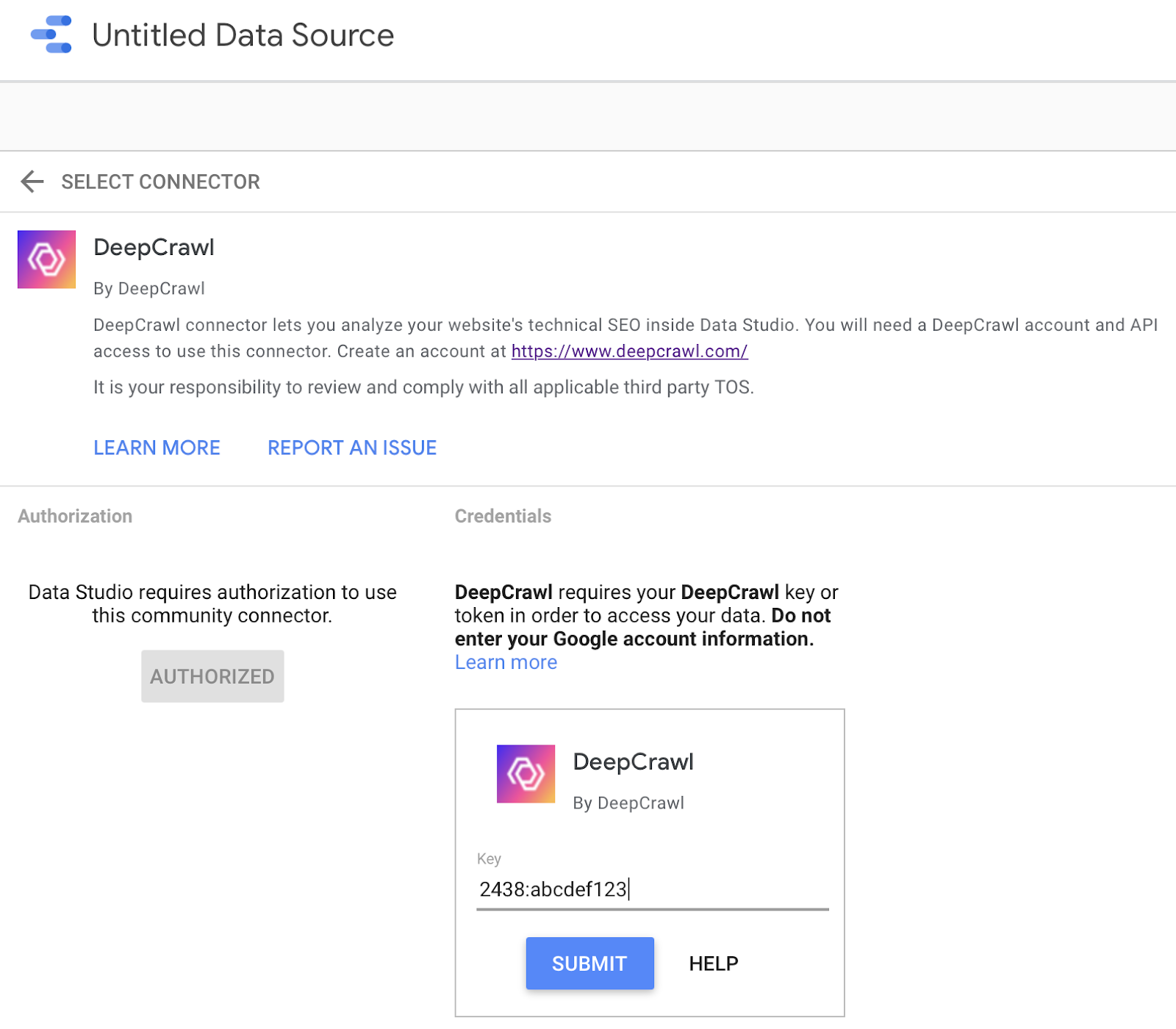 Screenshot of the Lumar connector in Looker Studio, showing the details of the connector and the option to authorize.