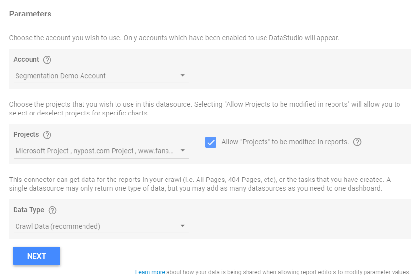 Screenshot of the parameter options in Google Looker Studio, showing dropdowns for Account, Projects and Data Type.