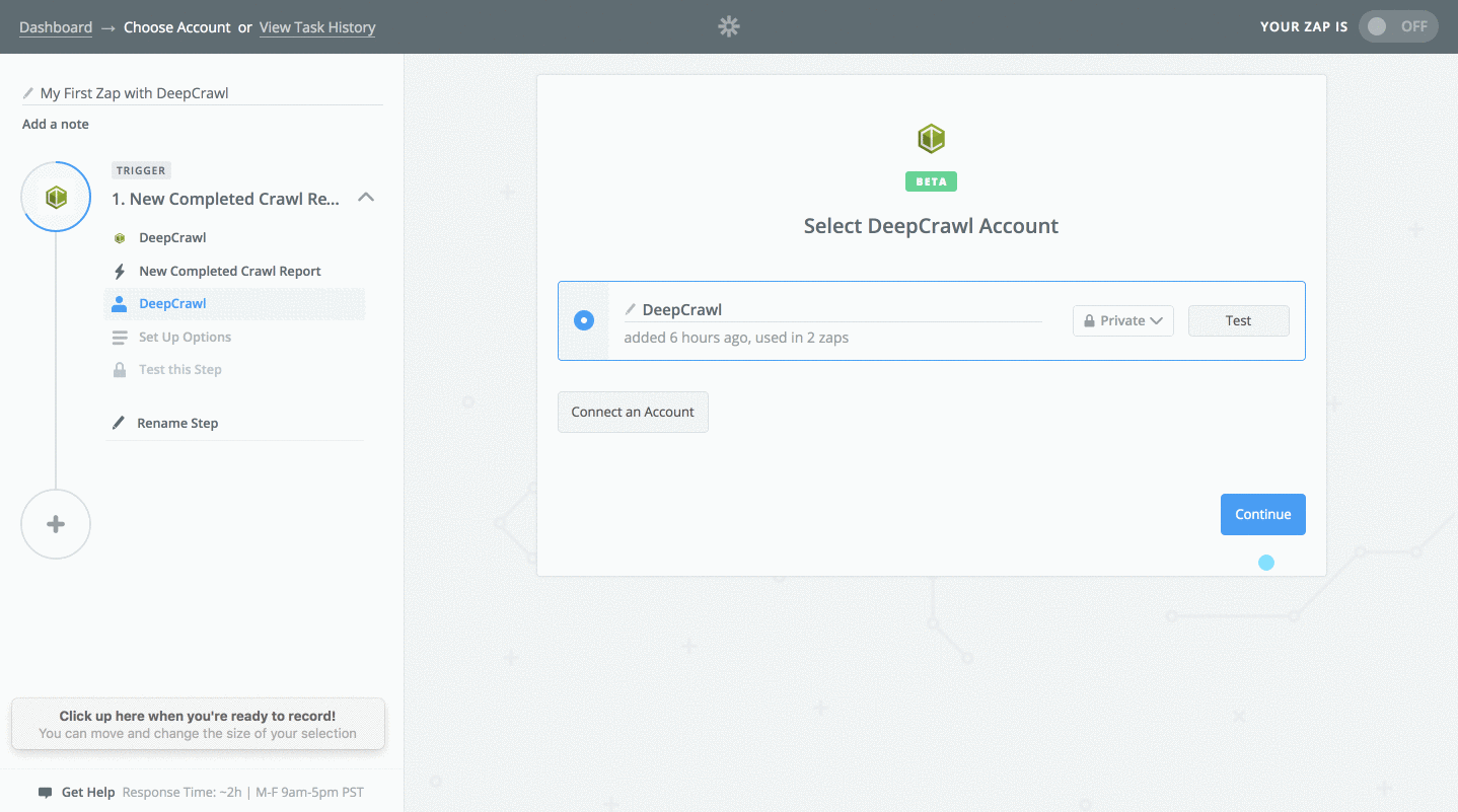 Screen recording of adding the options to Zapier.