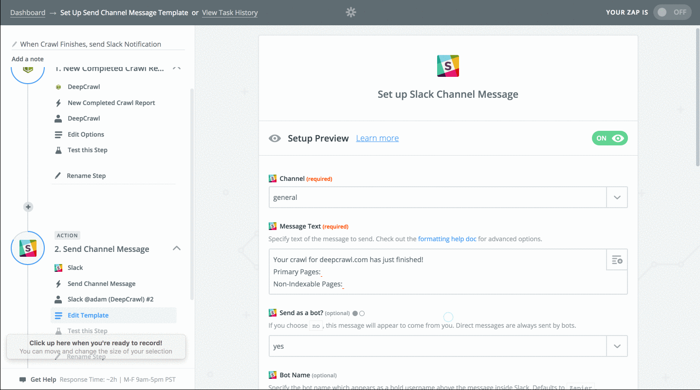 Screen recording of creating the template for Slack messages in Zapier.