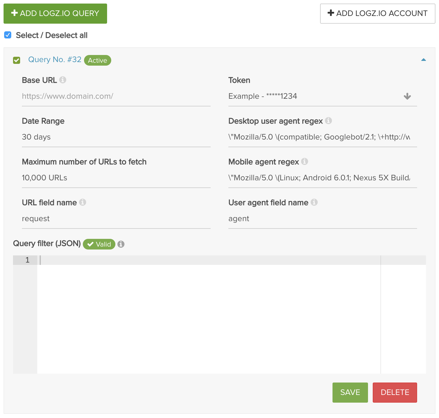 Screenshot of the query builder to add Logz.io queries.