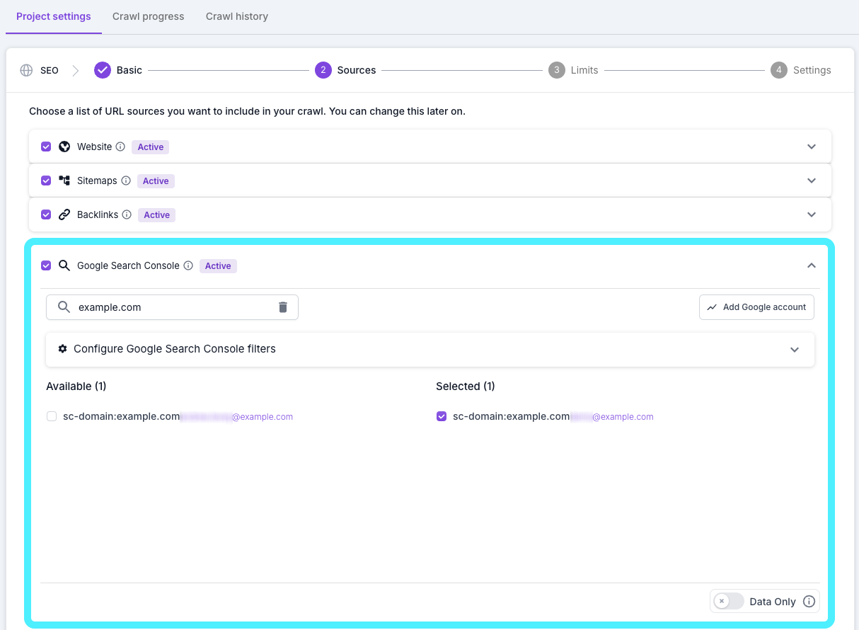 Screenshot of step 2 of the Lumar crawl setup process, with the Google Search Console option highlighted, with one view available and one selected.