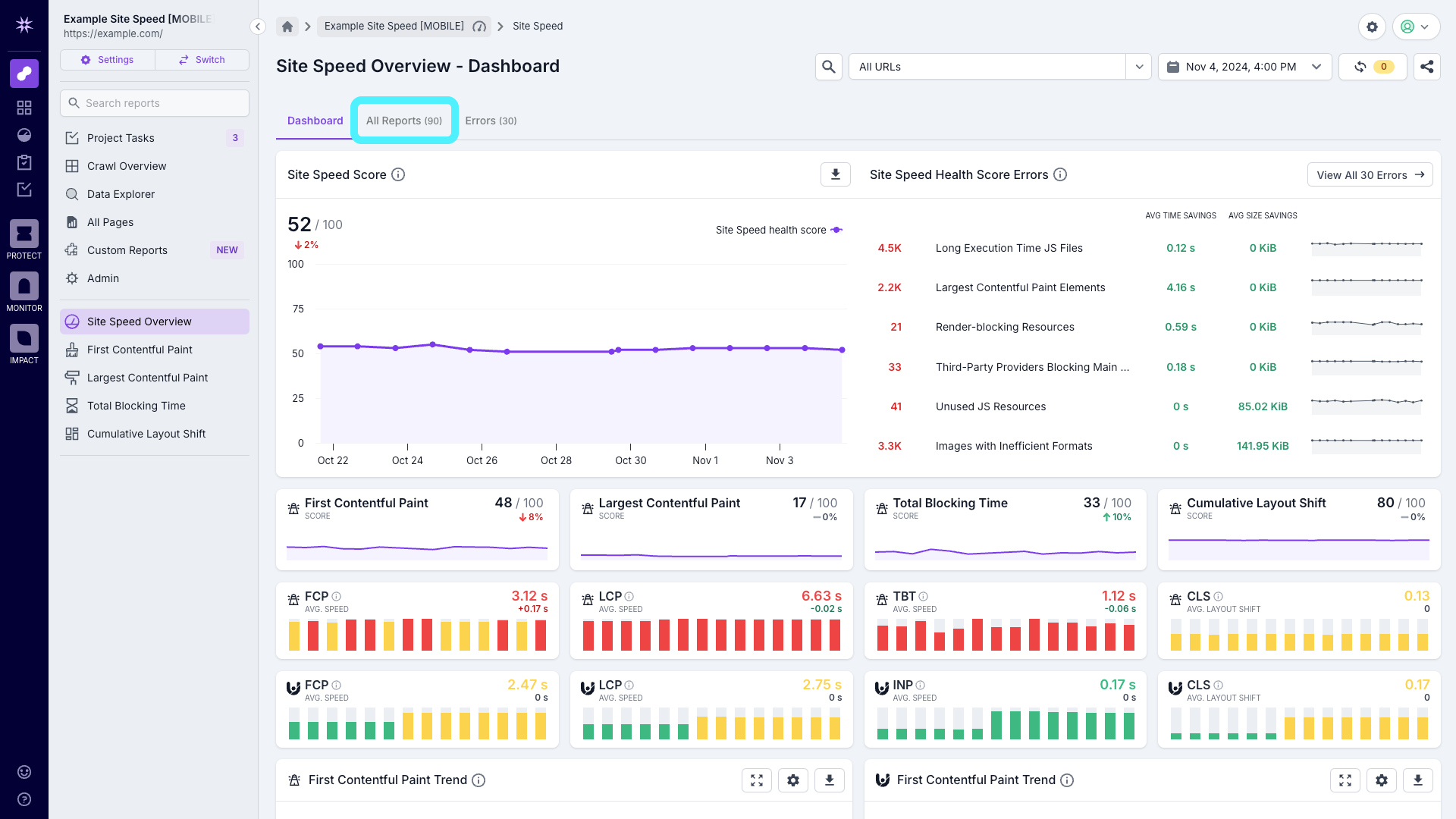 Screenshot of the Lumar Analyze Site Speed overview dashboard, showing health scores, top errors and KPIs, with the All Reports option highlighted.