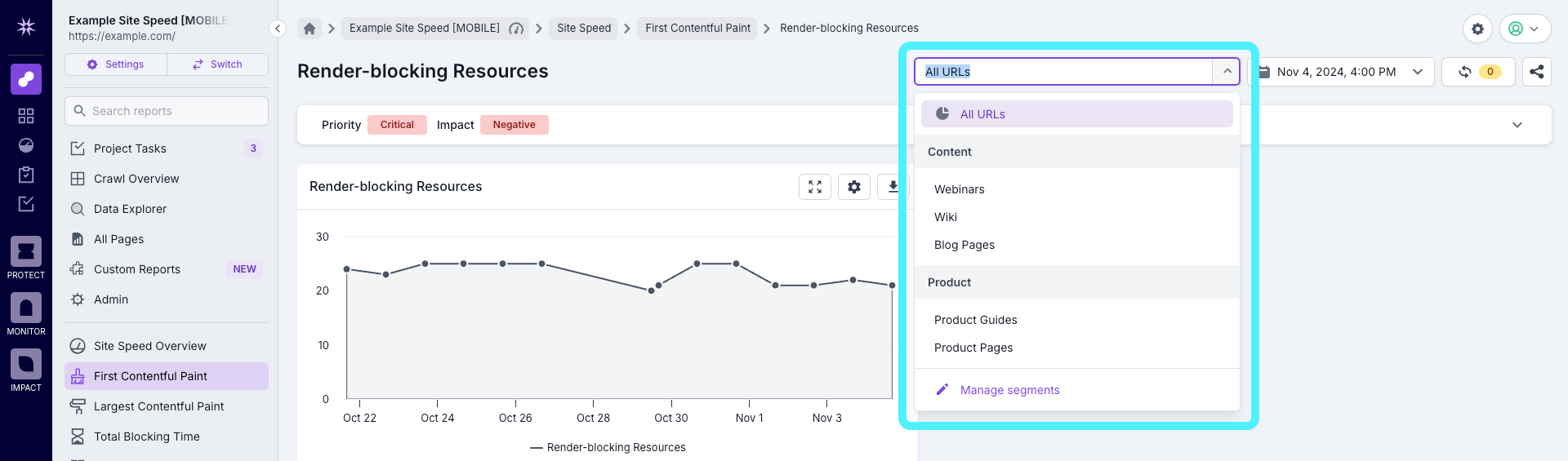 Screenshot of a Lumar Analyze report, with the option to choose a segment highlighted.