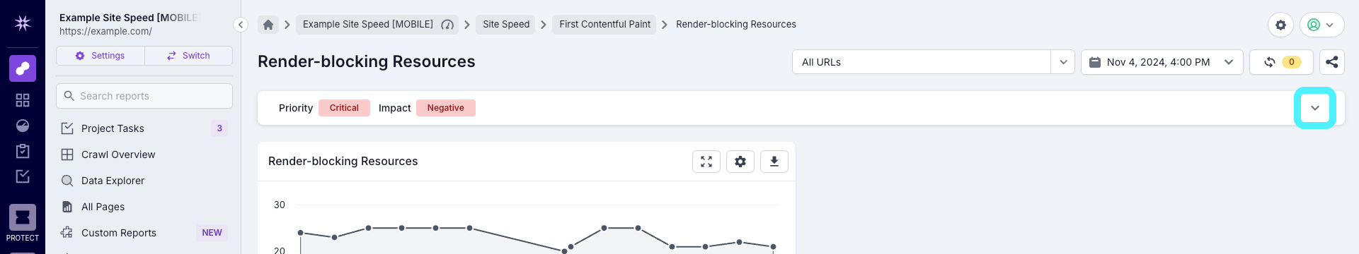 Screenshot of a Lumar Analyze report, showing the ability to open guidance for the issue.