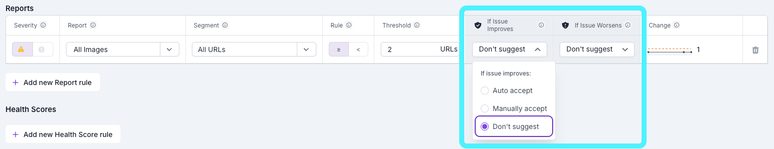 Screenshot of the Lumar Monitor rule configuration screen, with the smart alert options highlighted.
