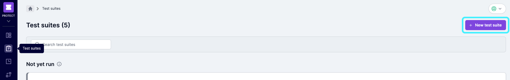 Screenshot of the top of the Lumar Protect Test Suites page with the New Test Suite Button highlighted.