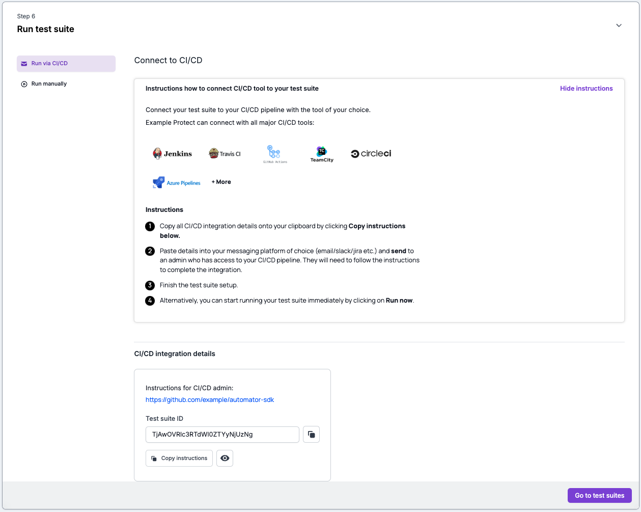 Screenshot of step 6 of the Lumar Protect test suite setup, showing the options to run the test suite via CI/CD integration, or manually.