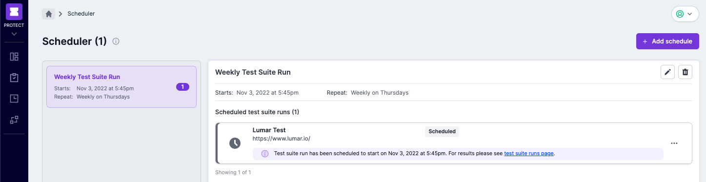 Screenshot of the Lumar Protect test suite scheduler showing a test suite set to run weekly.