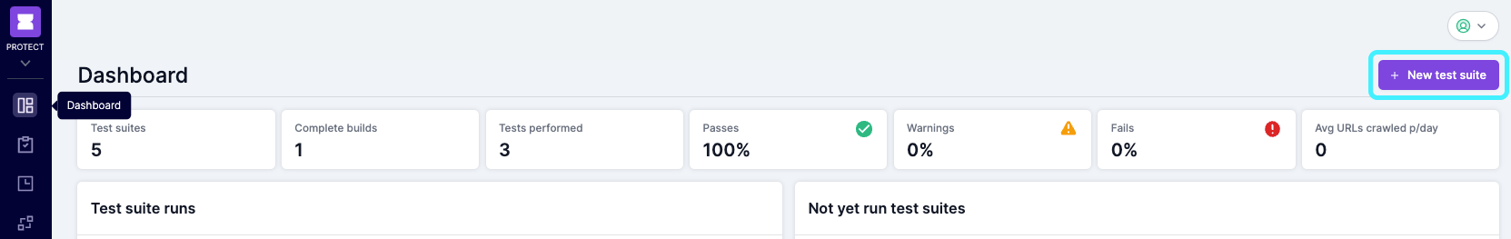 Screenshot of the top of the Lumar Protect overview dashboard, with the New Test Suite button highlighted.