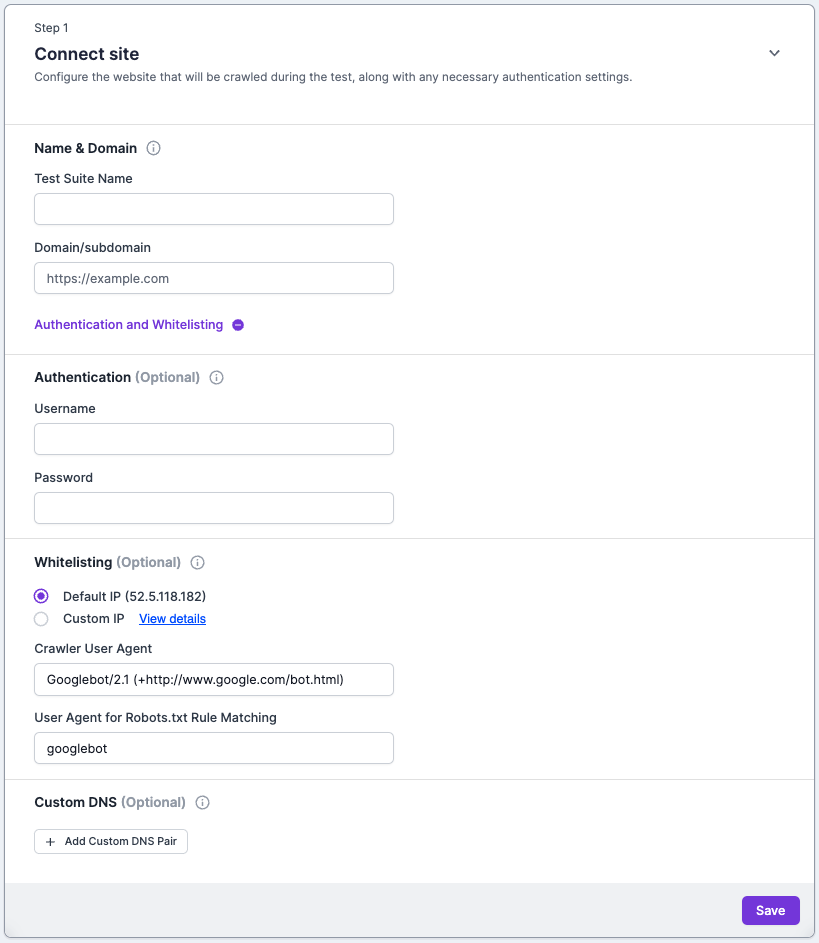Screenshot of Step 1 of the Lumar Protect test suite setup, showing test suite details and whitelisting options.