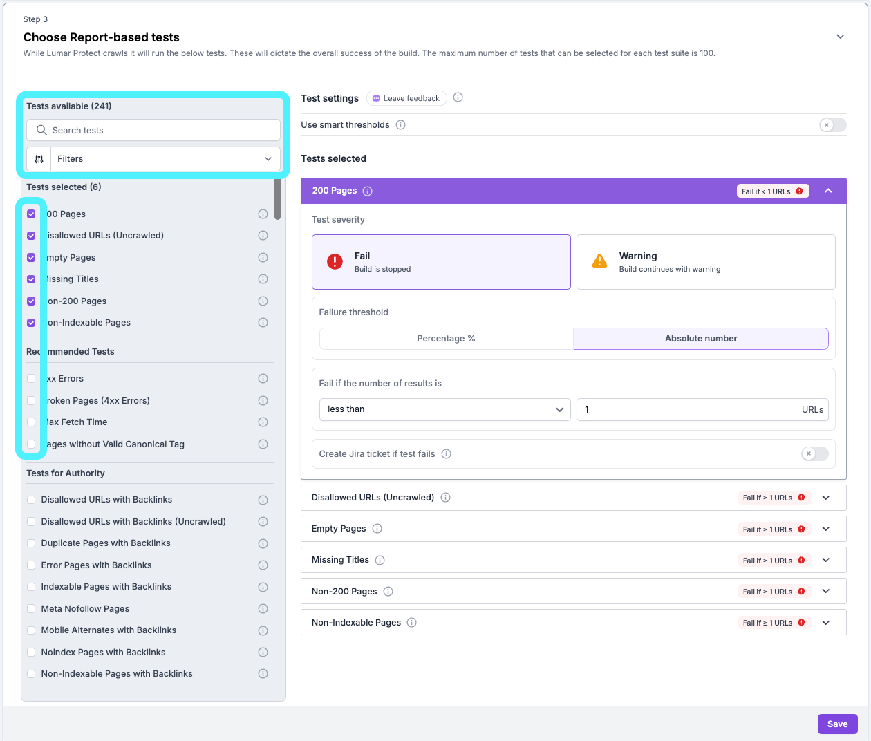 Screenshot of step 3 of the Lumar Protect test suite setup, with the option to check which tests to include, and search for tests highlighted.