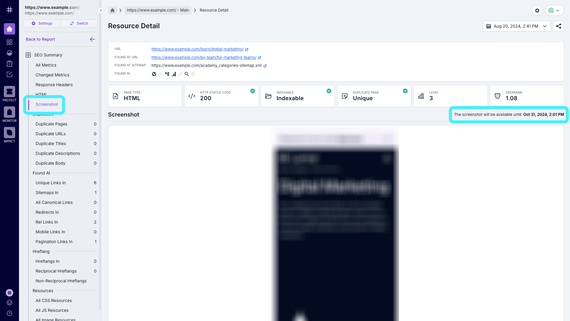 Screenshot of the stored screenshot page in the resource detail view, with the Screenshot option in the left-hand navigation, and the expiry date of the HTML highlighted.