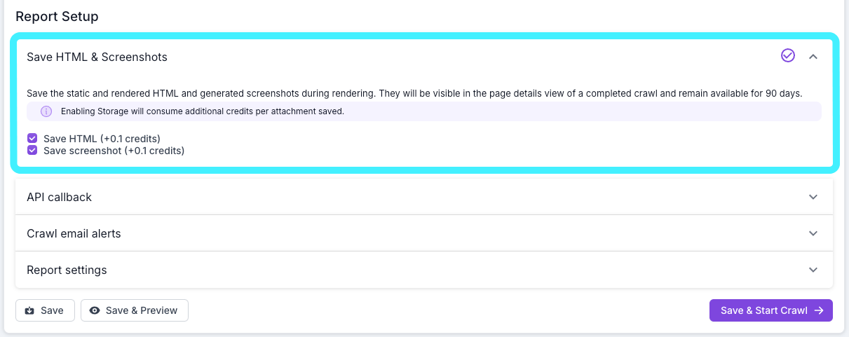 Screenshot of the Report Setup section of Advanced Settings in Step 4 of the Example crawl setup process, with the option to check boxes for save html and save screenshot checked and highlighted.