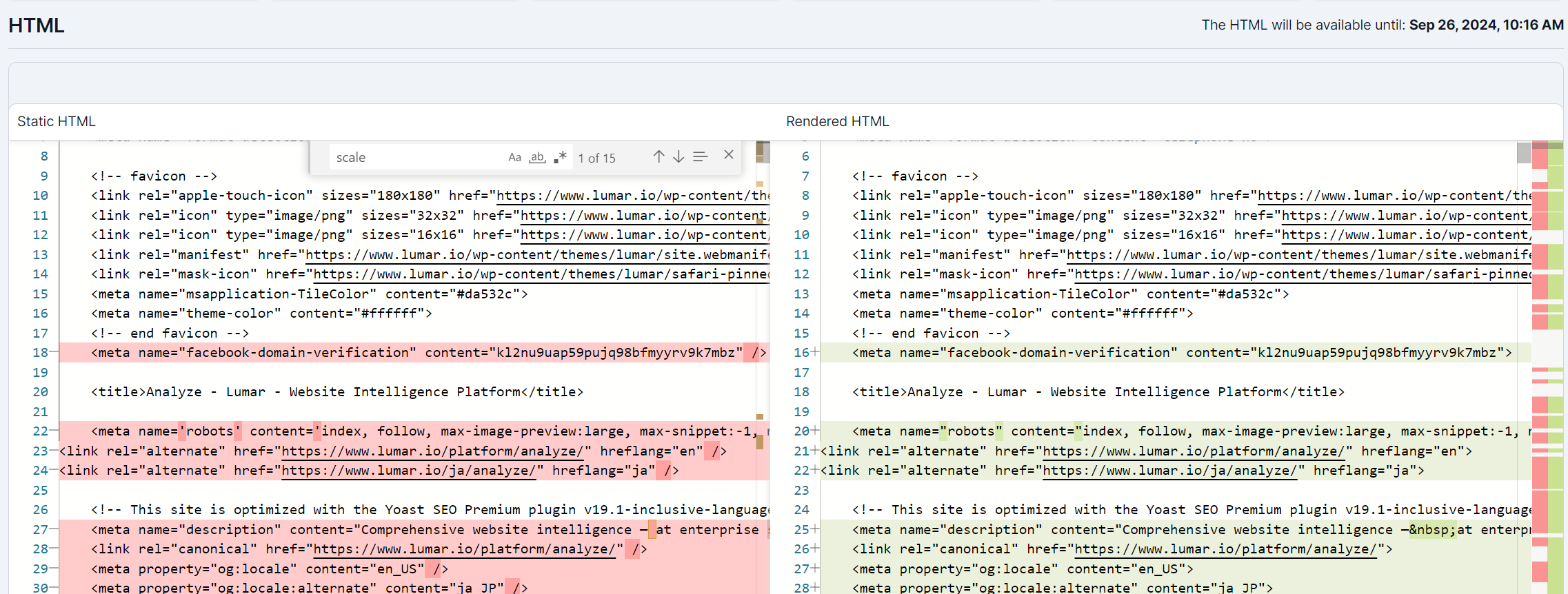 Screenshot of the stored static and rendered HTML in Lumar Analyze.