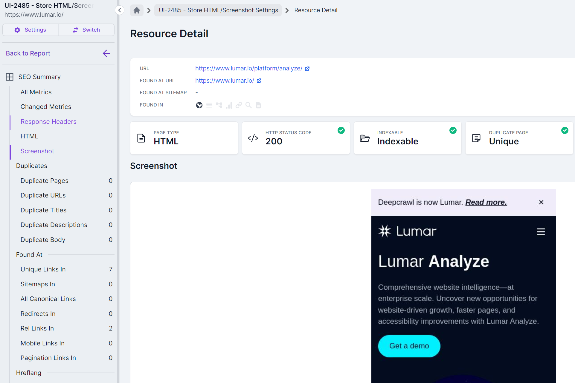 Screenshot of the stored screenshot in the Lumar Analyze resource details view.