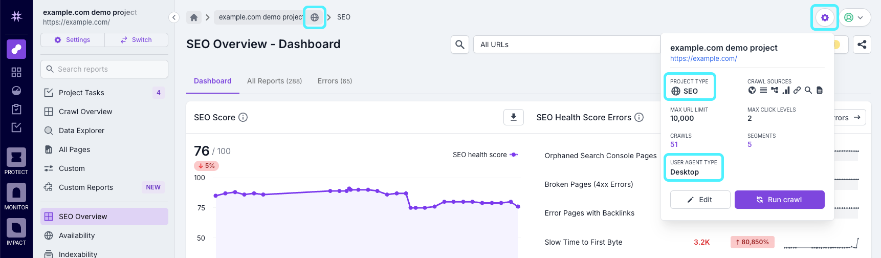 Screenshot of a Example Analyze report with the project type icon in the breadcrumb and the project type and user agent details in the project settings dropdown highlighted.