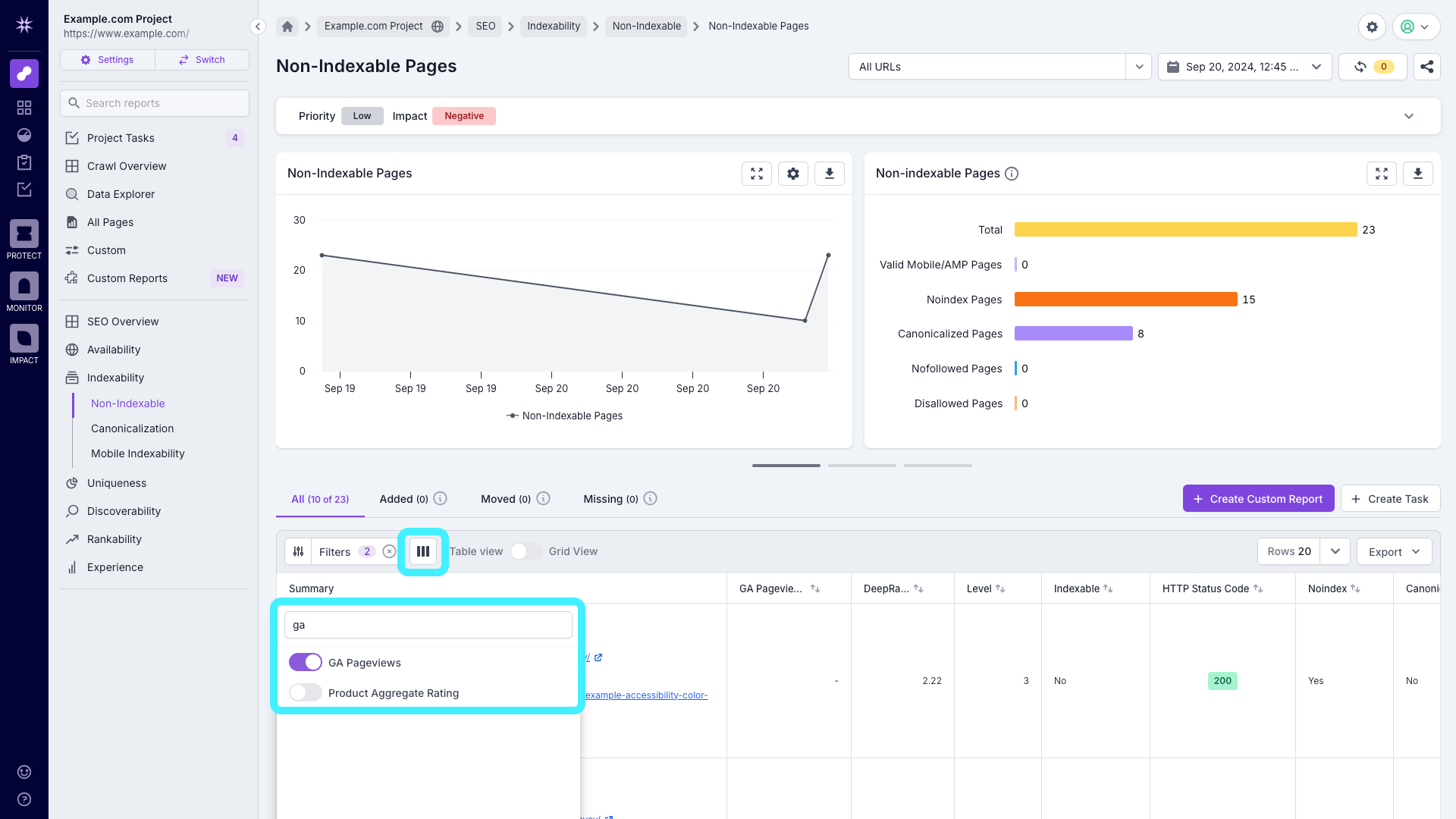 Screenshot of a Lumar Analyze report showing the option to add additional columns to a report.