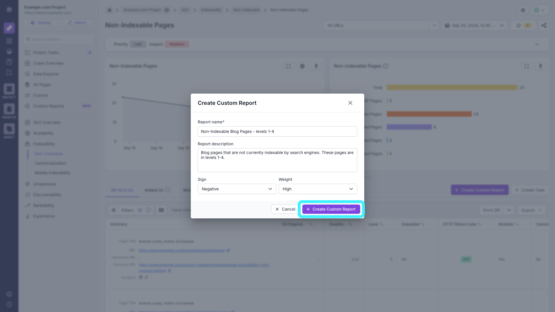 Screenshot of the Create Custom Report Modal with the option to assign a report name, description, sign and weight, with the Create Custom Report button highlighted.