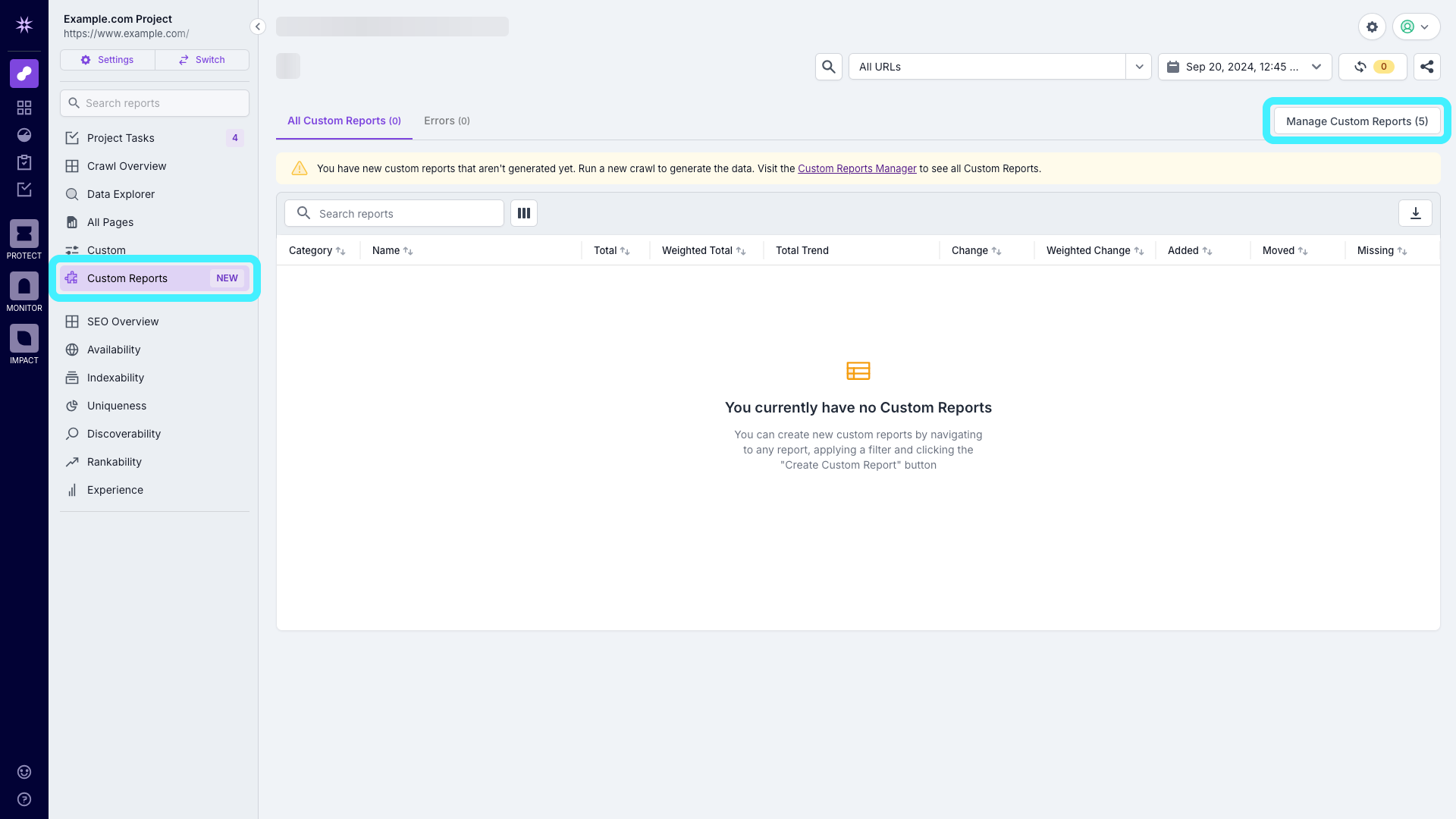 Screenshot of the Custom Report Manager, with the Custom Report section in the left-hand navigation, and the Manage Custom Report button highlighted.