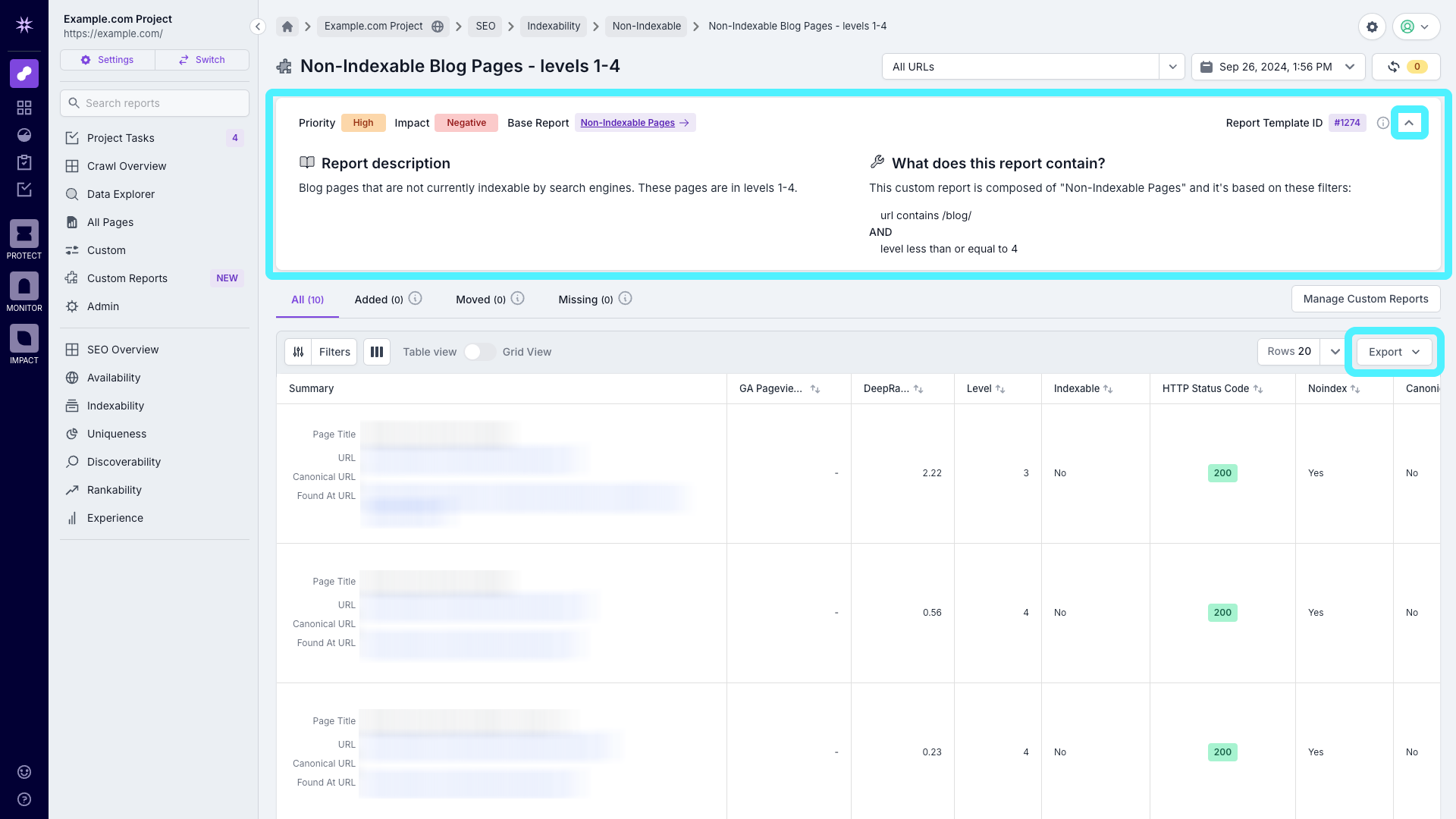 Screenshot of a Lumar Custom Report, with the report information expanded and highlighted, and the Export option highlighted.