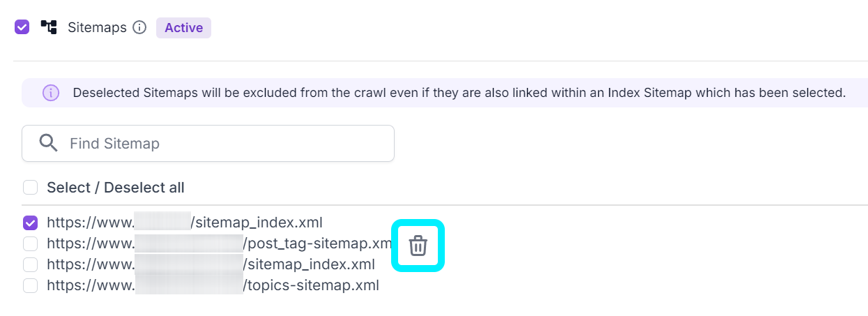 Screenshot of the Sitemaps section of stage 2 of the crawl setup, showing the ability to delete a sitemap.