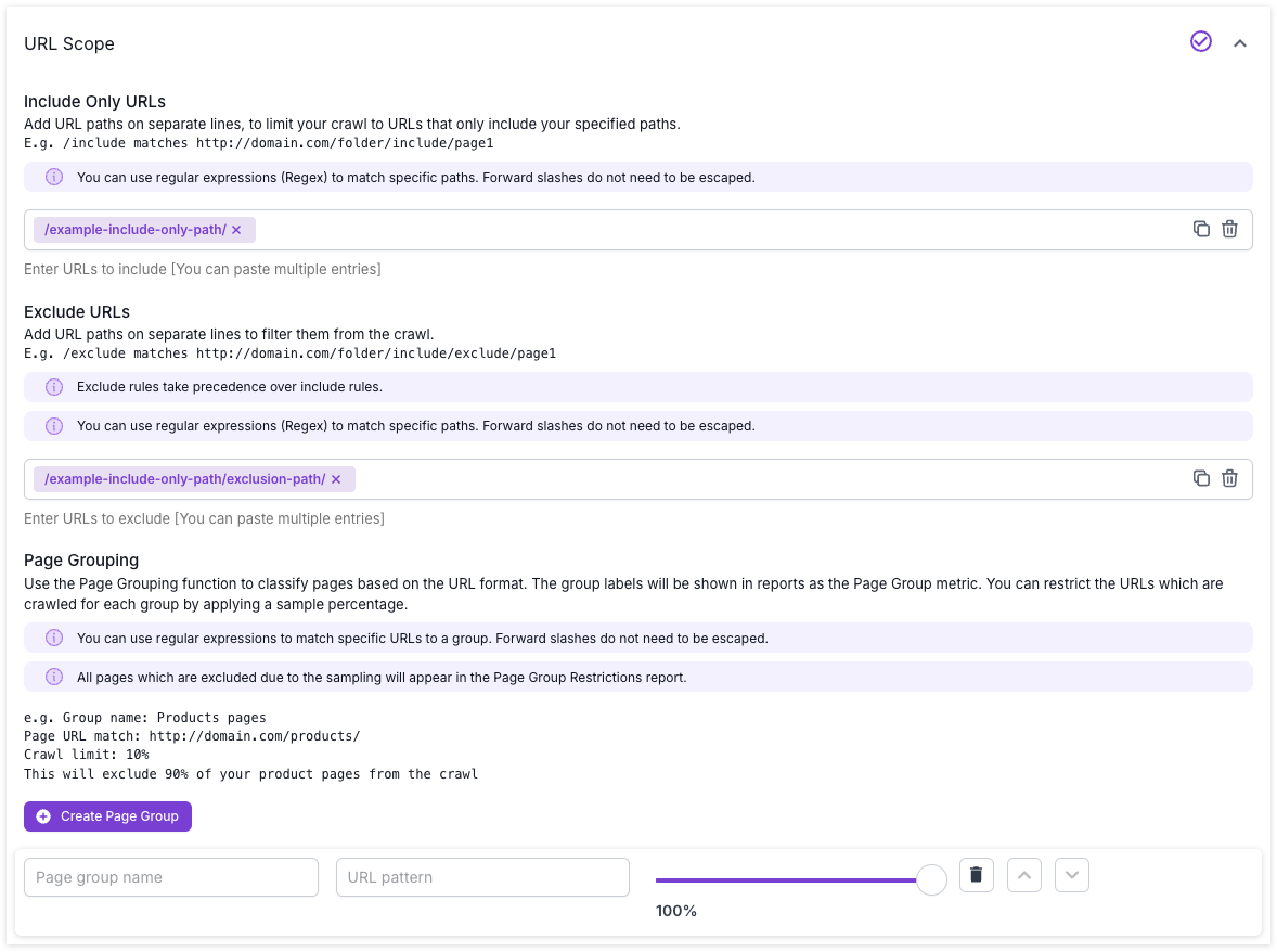 Screenshot of the URL scope section of advanced settings in step 4 of the crawl setup process. This shows the options for include only URLs, exclude URLs, and page grouping.