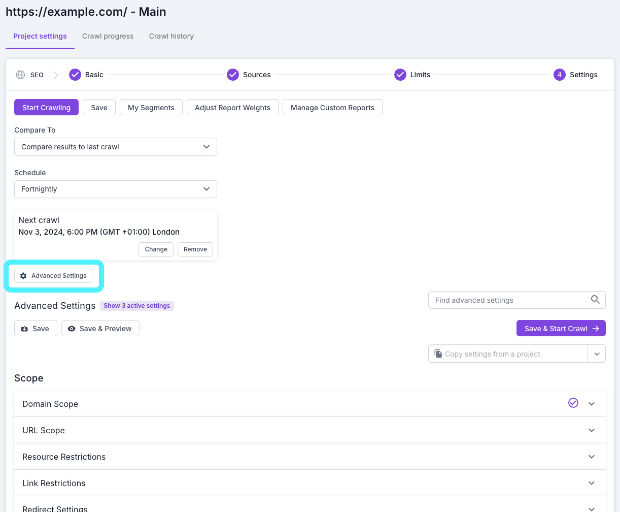 Screenshot of step 4 of the crawl setup process with the Advanced Settings button highlighted.