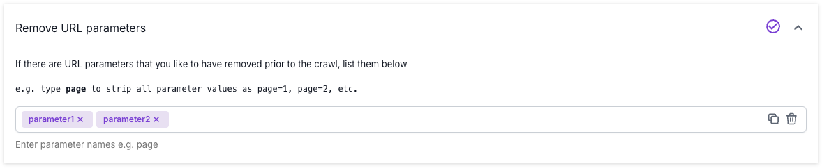 Screenshot of the Remove URL parameters section of advanced settings in step 4 of the crawl setup process.