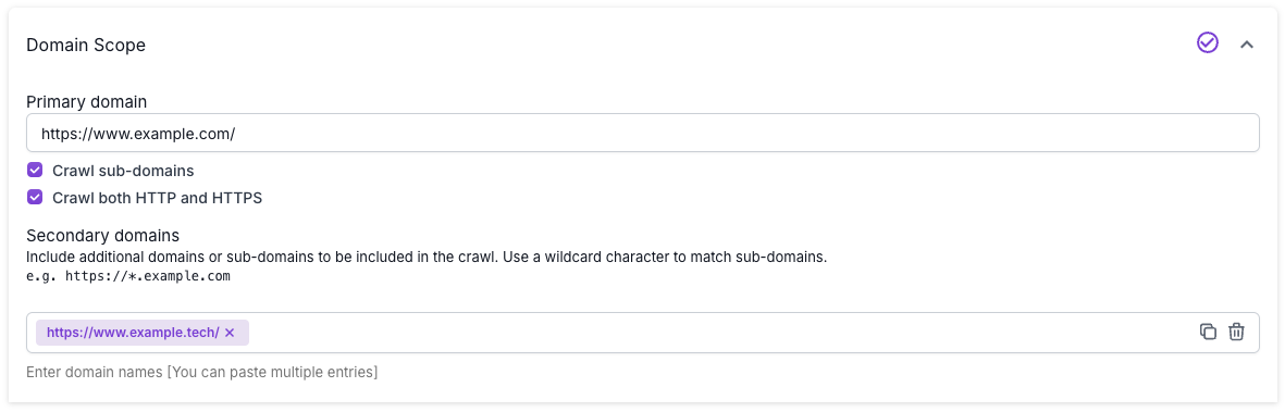 Screenshot of the Domain Scope setting in Advanced Settings, showing the primary domain, checkboxes to specify whether to crawl sub-domains and HTTP and HTTPS, and a field to enter any secondary domains.