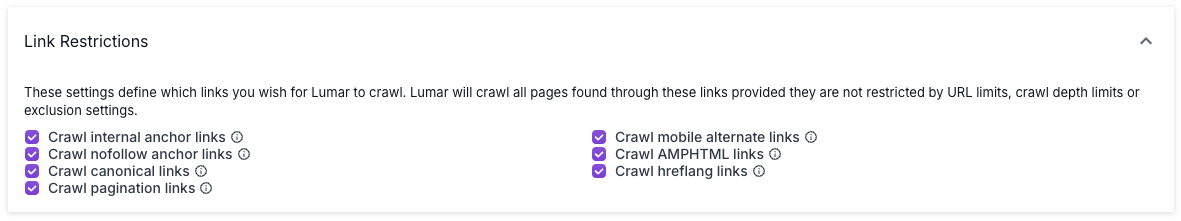 Screenshot of the Link Restrictions option in Advanced Settings, showing checkboxes to disable crawling of internal anchor links, nofollow anchor links, canonical links, pagination links, mobile alternate links, AMPHTML links, and hreflang links.