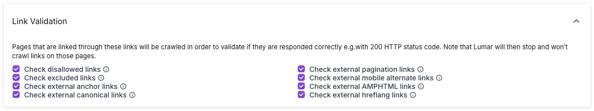 Screenshot of the Link Validation option in Advanced Settings, showing checkboxes to disable checking of disallowed links, excluded links, external anchor links, external canonical links, external pagination links, external mobile alternate links, external AMPHTML links, and external hreflang links.