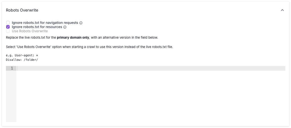 Screenshot of the Robots Overwrite option in Advanced Settings, showing checkbox options to ignore robots.txt for navigation requests or resources, and add an alternate version of the robots.txt file to use when crawling.
