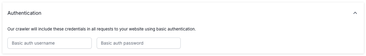 Screenshot of the Authentication option in advanced settings, showing the options to add a basic auth username and basic auth password.