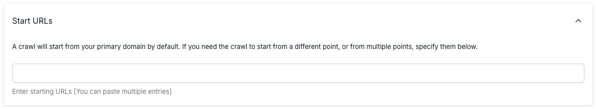 Screenshot of the Start URLs option in Advanced Settings showing a field to enter a different domain, or multiple domains, to start the crawl from.