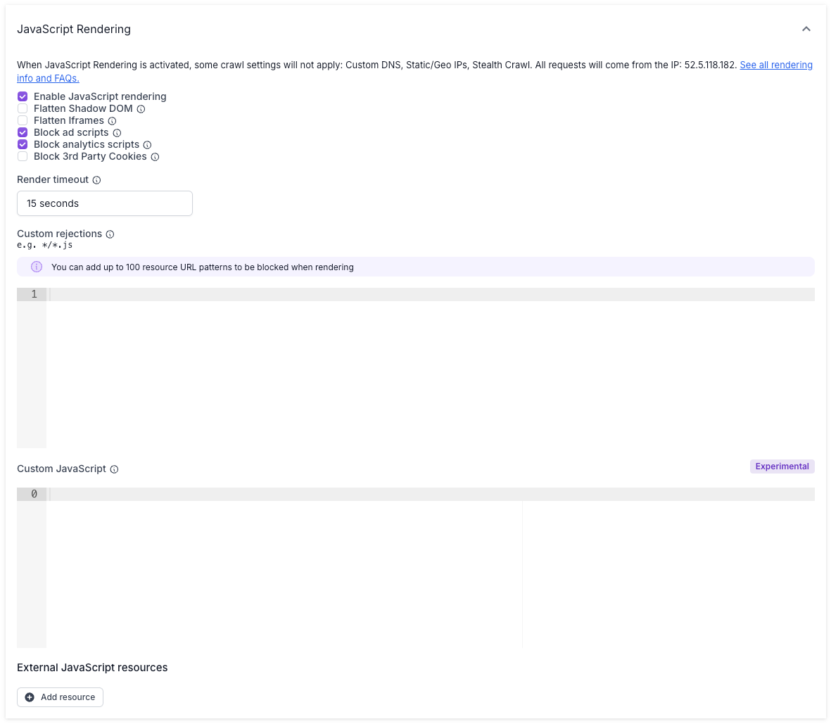 Screenshot of the JavaScript Rendering option in Advanced Settings showing checkboxes to enable JavaScript rendering, flatten the shadow DOM, flatten iframes, block ad scripts, block analytics scripts, and block third part cookies, plus the option to change the render timeout, and fields to enter custom rejections or custom JavaScript.
