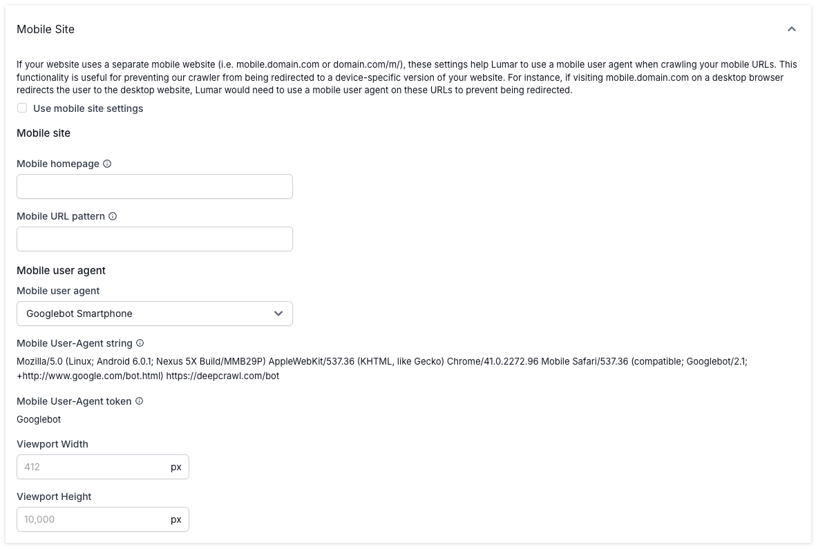 Screenshot of the Mobile Site settings in Advanced Settings, showing the option to include a mobile homepage, URL pattern, select the mobile user agent, see the mobile user-agent string and token, and the viewport dimensions.