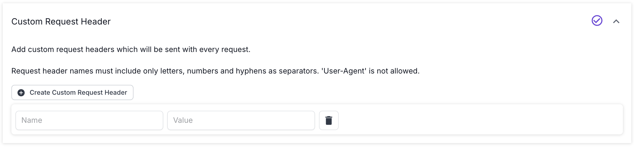 Screenshot of the custom request header option in advanced settings showing the option to create a custom request header.