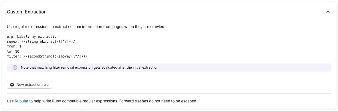 Screenshot of the custom extraction options in advanced settings, showing the option to add a new extraction rule. 