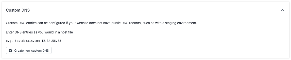 Screenshot of the custom DNS option in advanced settings, showing an example custom DNS, and a button to create a new custom DNS.