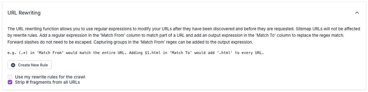 Screenshot of the URL rewriting option in advanced settings, showing an example regular expression, a button to create a new rule, and checkboxes to use rewrite rules for the crawl, and strip hashtag fragments from all URLs.