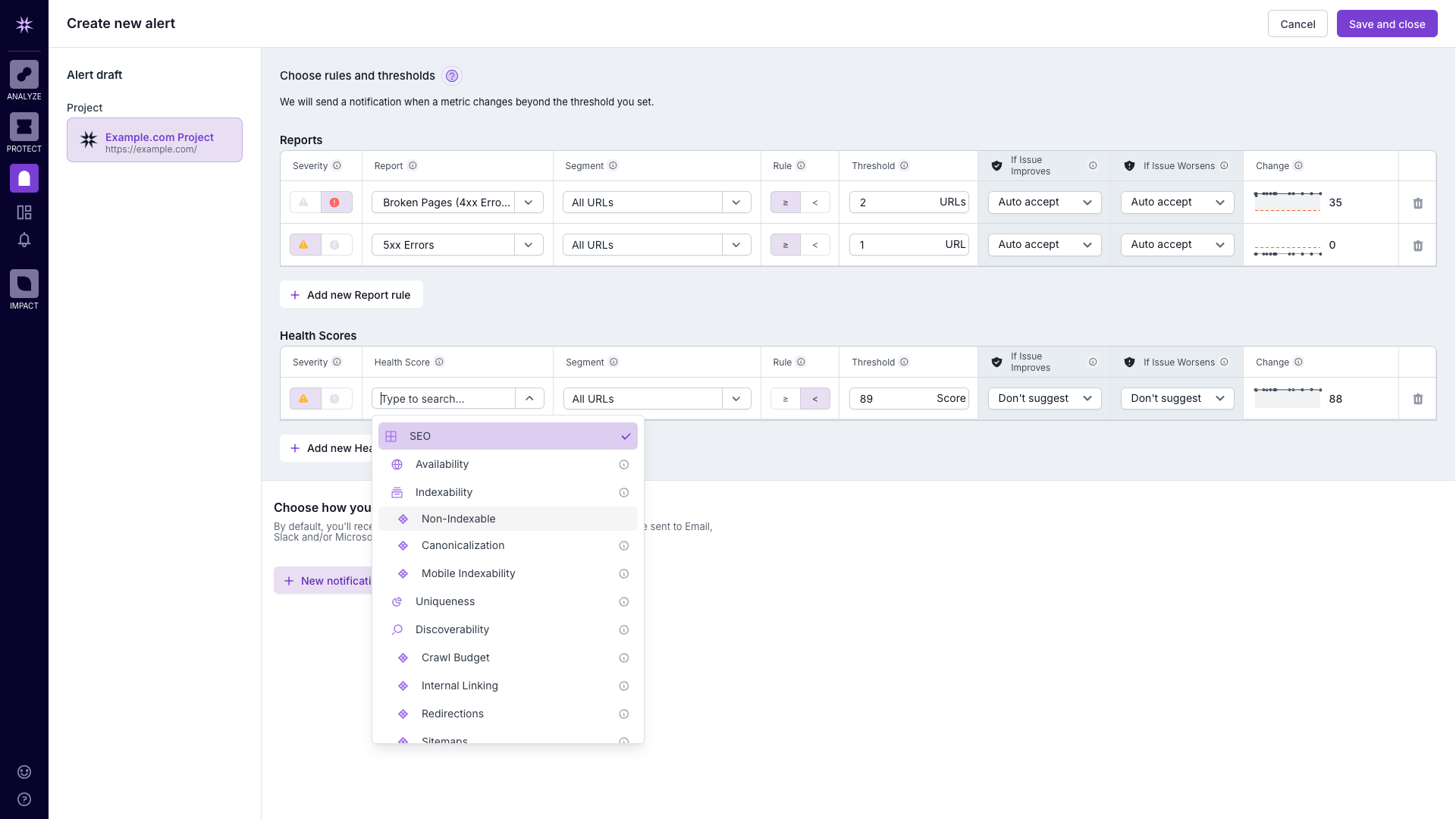 Screenshot of Lumar Monitor, showing the option to add alerts for health scores in the Lumar Platform.