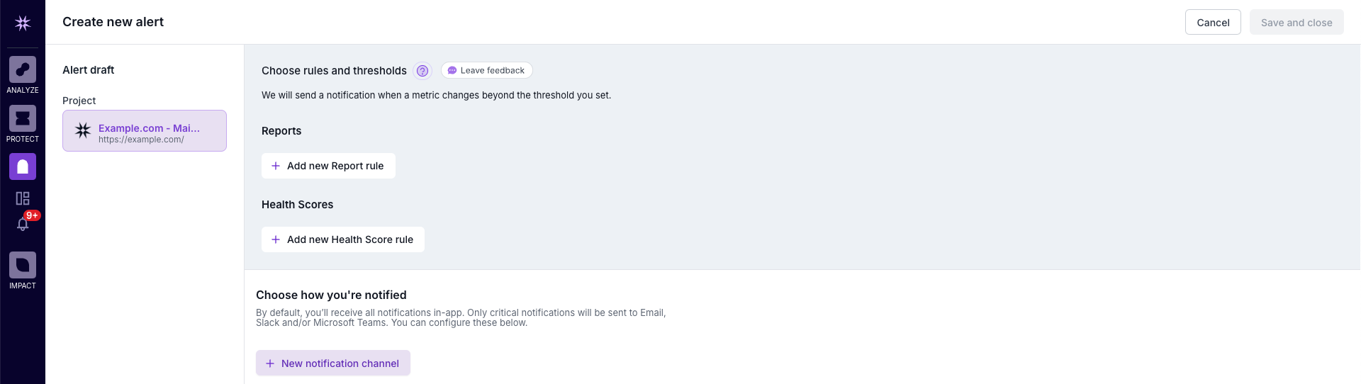 Screenshot of Lumar Monitor, showing the rule configuration screen, showing areas for Reports and Health Scores.