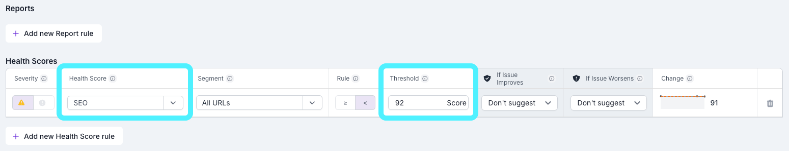 Screenshot of the health score rule configuration area with the health score and score threshold areas highlighted.